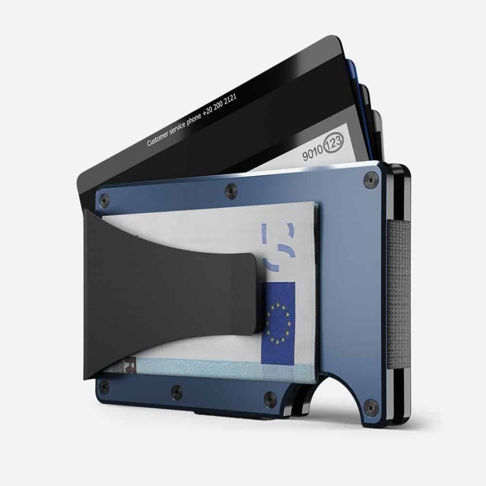 Business wallet made of aluminum in navy blue with money clip
